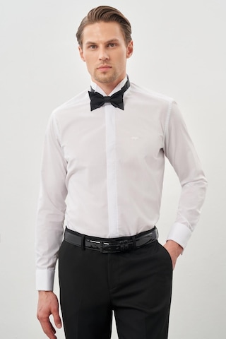 İmza Beyaz Uzun Kol Düz Bez Ayağı Ata Yaka Cepsiz Pamuklu Basic Slim Fit Gömlek 1004245060 Beyaz