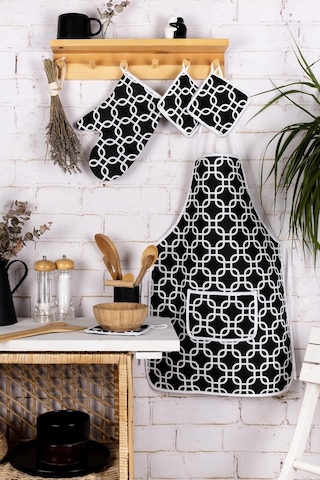 4 Lü Mutfak Çeyiz Seti Mutfak Önlüğü , Fırın Eldiveni Ve Tutacak Takımısiyah Zincir