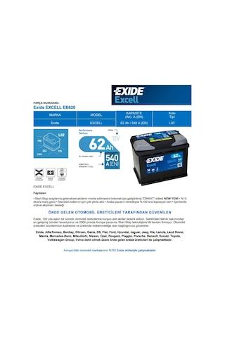 Exide 12V 62 Ah 540Cca Excell 60 Ah Kutusu / 552779180