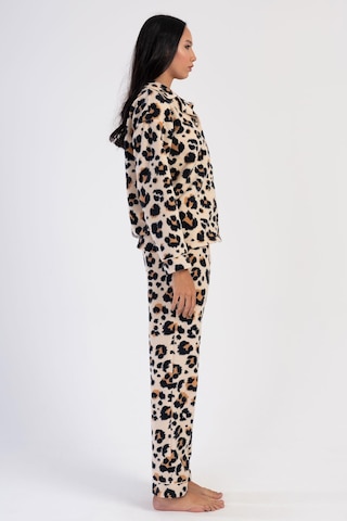 Kadın Uzun Kol Polar Önden Düğmeli Leopar Bej Pijama Takım C7t6n0o304 001