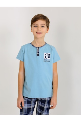 Vitmo Erkek Çocuk Kısa Kollu Düğme Detaylı %100 Pamuklu Pijama Takımı Be Mavi