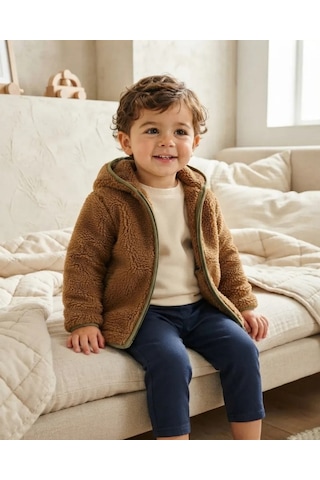 Tuffy Erkek Bebek Krem Kapüşonlu Kuzu Polar Hırka Kahverengi