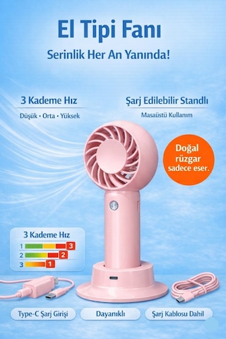 Jasper Sr-0034 Pembe Taşınabilir Standlı Serinletici Fan 3 Hız Ayarlı , Typ-c Şarjlı Fan Masaüstü Fan Vantilatör 2w-5v/1