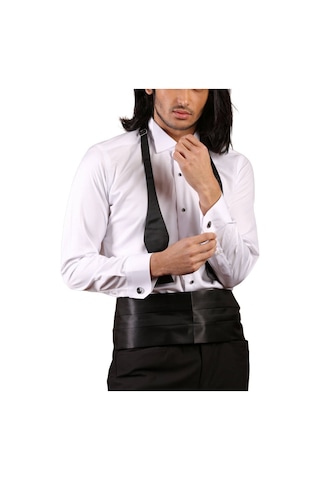 Beyaz Siyah Taş Düğmeli Damatlık Ata Yaka Kol Düğmeli Slim Fit Smokin Gömlek - 006 001