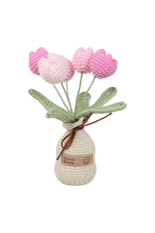 Dianziye El Örgü Gerçekçi Bitki: 5 Başlı Degrade Pembe Lale Saksı Bitkisi İplik Vazo Tabanı