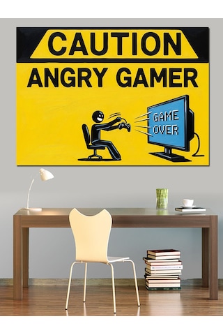 Sinirli Oyuncu Gamer Uyarı Levhası Dekoratif Kanvas - Mdf Ahşap Tablo