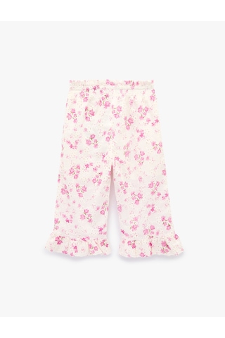 Koton Pamuklu Fırfırlı Brodeli Çiçek Desenli Geniş Paça Pantolon Pembe Desenli 6smg40024aw