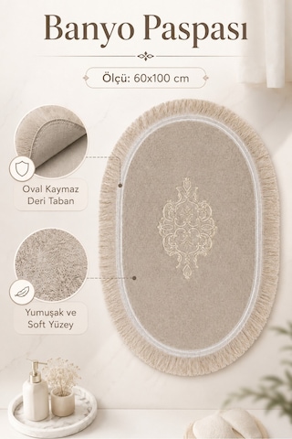 Vizon Dantelli Kaymaz Deri Tabanlı Oval Banyo Paspası Püsküllü Yıkanabilir Banyo Takımı Simela pudra