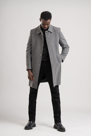 Yakalı Klasik Kesim Düğmeli Uzun Kaşe Erkek Kaban Gri