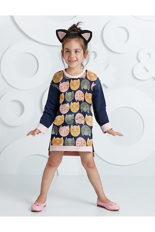 Denokids - Kediler Kız Çocuk Lacivert Uzun Kollu Elbise