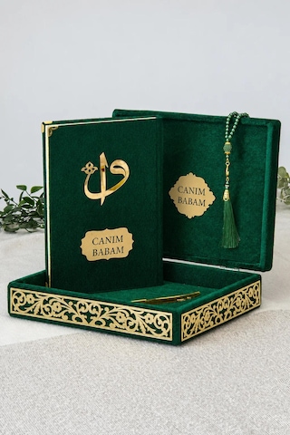 Canım Babam - Babalar Günü Hediyesi - Elif Vav Pleksi Süslemeli Hediyelik Kadife Kaplı Kutulu Kuranı Kerim - Yeşil