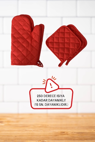 Kırmızı Yanmaz Ve Isıya Dayanıklı 2 Fırın Eldiveni Ve 2 Tutacak