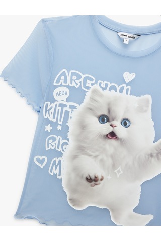 Koton Kısa Kollu Bisiklet Yaka Slim Fit Kedi Baskılı Crop Tişört Mavi 5sal10820ık Mavi