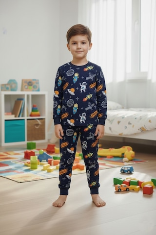 Bunny Hopp Uzay Temalı Erkek Çocuk Pijama Takımı %100 Pamuk Mevsimlik Bisiklet Yaka Manşetli Koyu Lacivert