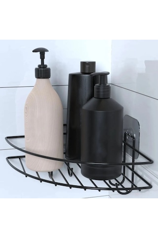 Buffer Yapışkanlı Banyo Köşeliği Kancalı Köşe Rafı Duş Şampuanlı Siyah