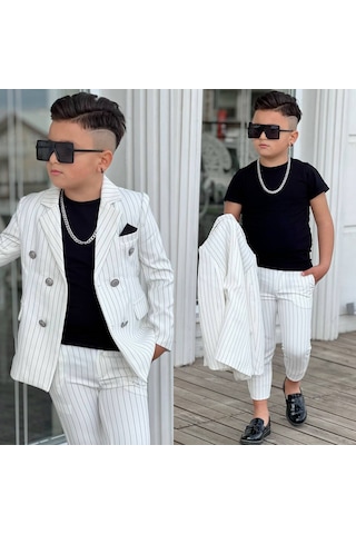 Modavals 4 Parça Çizgili Ceketli Erkek Çocuk Takım Elbise Beyaz