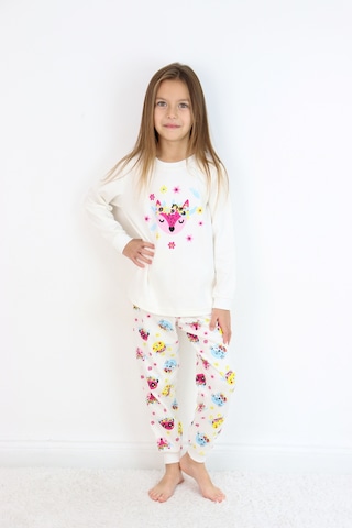 Kız Çocuk Orta Kalınlıkta Basic Baskılı Pijama Takımı Ekru