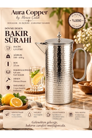 Kapaklı İçi Kalaylı Dövme Bakır Sürahi 0,8 Mm 1300 Ml
