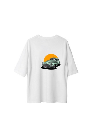 Paybuy Erkek Oversize Tişört Vintage Otomotiv Baskısı Retro Araba Desenl Beyaz