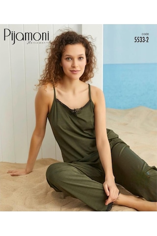 Pijamoni Kadın İp Askılı Kaşkorse Viskoz Likralı Pijama Takımı 5533-2 / 1 Adet Haki