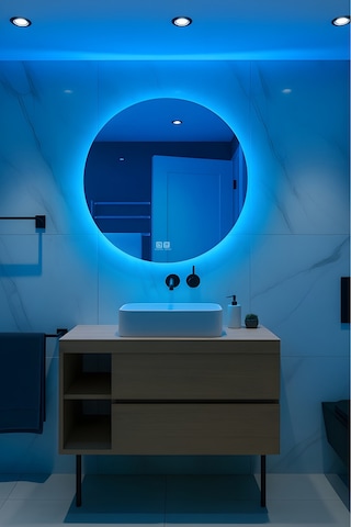 Digital Hayat Buğu Çözücü Dokunmatik Dimlenebilir Yuvarlak Ayna Mavi Işıklı Led Dekoratif Banyo Makyaj Aynası Mavi