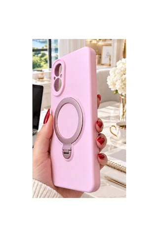 Realme C67 İle Uyumlu 360 Derece Dönebilen Kalın Metal Magsafe Halka Stantlı İçi Kadife Korumalı Ultra Lüx Premium Silikon Kılıf Pembe