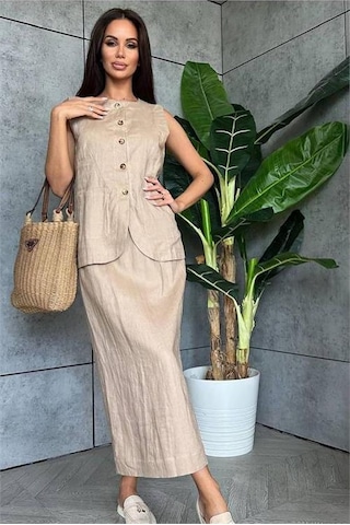 Neşeli Butik Kadın Keten Etek Yelek Alt Üst İkili Takım Nbemp1072 Vizon