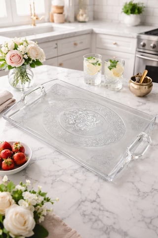 Makri Home 50x34 Cm Şeffaf Motifli Büyük Boy Plastik Kulplu Tepsi, Şık Kristal Sunum Tepsisi Şeffaf