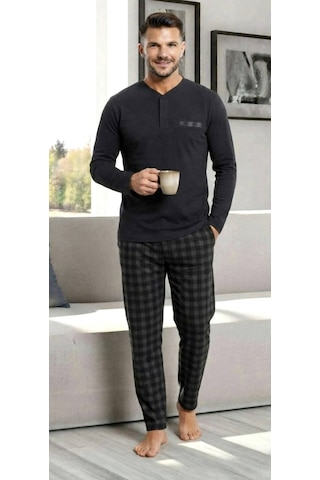 Erse Uzun Kol Pamuklu İnterlok Erkek Pijama Takımı Siyah - 9012024987695