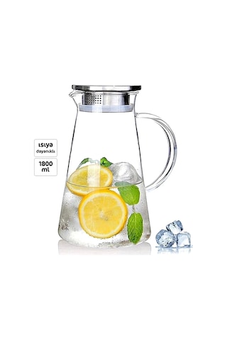 Borosilikat Cam Sürahi 1800ml Isıya Dayanıklı Karaf, Metal Kapaklı Cam Kulplu Meşrubat Su Sürahisi