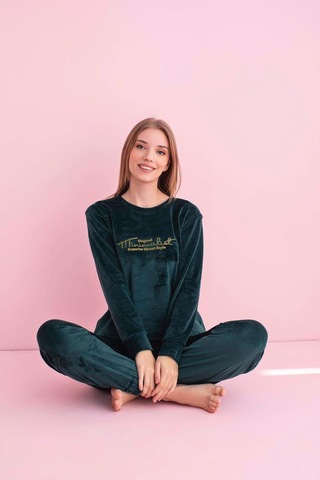 Pijamerry Kadın Kışlık Bisiklet Yaka Kadife Pijama Takımı 3025p - 1 Adet Petrol