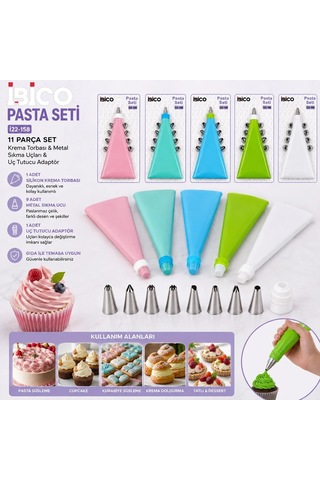 11pcs Pasta Seti - Renkli 1-krema Torbası - 9-metal Sıkma Uçları - 1-uç Tutucu Adaptör 5468 Çok Renkli