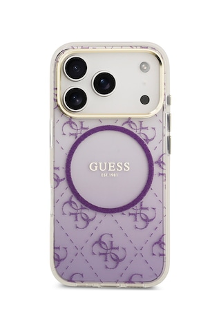 Apple Uyumlu iPhone 17 Pro Kılıf Guess Lisanslı M-safe Şarj Özellikli 4g Desenli Simli Silikon Kapak Mor Mor