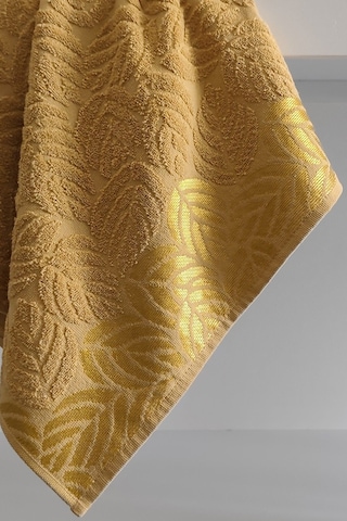 2'li Jakarlı Yaprak Desenli %100 Pamuk El Yüz Havlusu-50x90cm Hardal Hardal