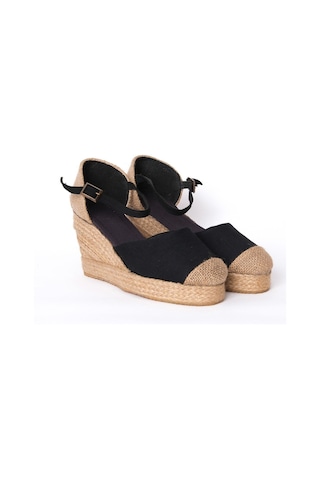 Star Tombis Gerçek Elişi Burnu Hasır Platformlu Dolgu Topuk Siyah Keten Hasır Espadril Handmade Siyah
