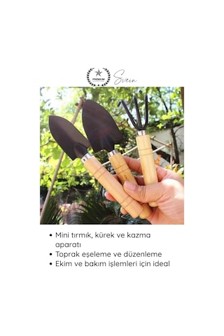 Tırmık 3 Lü Mini Ahşap Bahçe Seti Taşınabilir Tırmık Kürek Hobi Bitki Bakım Aletleri Kazma Kürek Sa