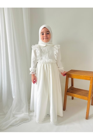 Kız Çocuk Tesettür Elbisesi Merasim Elbisesi,başörtülü Takım 3-12 Yaş Uygun Beyaz