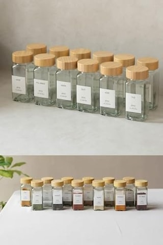12&apos Li Bambu Ve Akasya Kapaklı Cam Baharatlık Seti 120 Ml - Doğal Ahşap Kapaklı, Şeffaf Cam, Sağlıklı Ve Şık Baharat Kavanozları Bambu Kapak Diğer