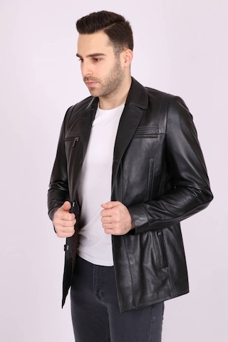 Erkek Siyah Hakiki Deri Yakalı Düğmeli Klasik Casual Mont