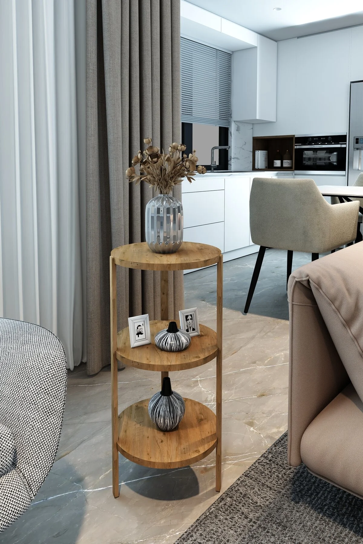 Miray 3 Raflı Yuvarlak Ahşap Sehpa / Çok Amaçlı Kullanım / Yüksek Kalite, Şık Tasarım Atlantik Çam