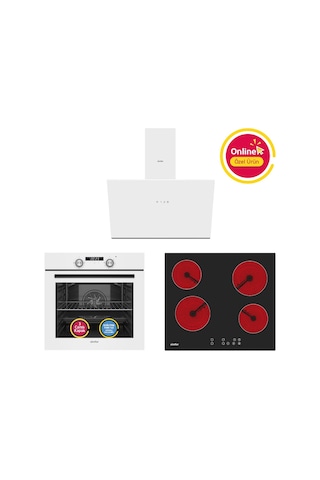 Simfer 4 Fonksiyon Trend Dijital Beyaz Power Turbo Elektrikli 3'lü Ankastre Set (Fırın + Elektrikli Ocak + Davlumbaz)