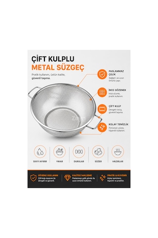 Paslanmaz Çelik Makarna Süzgeci 24 Cm Çift Kulplu Metal Sebze Meyve Yıkama Ve Süzme Kevgiri Gri