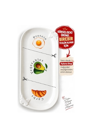 Porsiyon Kontrol Diyet Tabağı 34 Cm Protein Sebze Karbonhidrat Desenli Seramik Sağlıklı Beslenme Servis Tabağı Beyaz