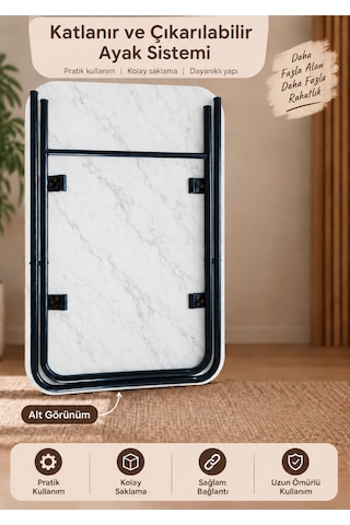Katlanır Masa 60x90 Cm Yemek Masası Balkon Masası Beyaz Mermer