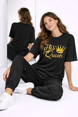 King Queen Sevgili Kombini Oversize Çift Tişört Unisex Partner Ko Siyah