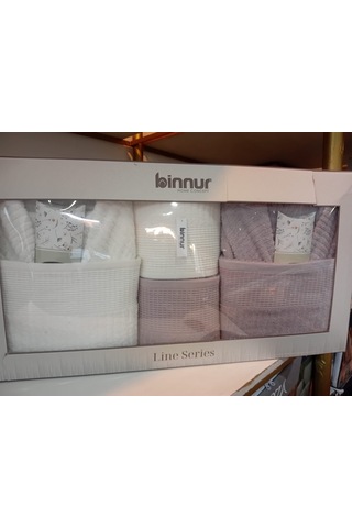 Binnur Line 10 Parça Aile Bornoz Takımı / %100 Pamuk / Aile Seti / Çeyizlik / Günlük / Modern / 1.kalite Beyaz - Gri