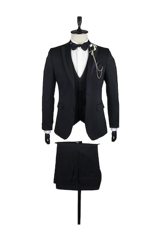 İmza Desenli Armürlü Mono Yaka Astarlı Yelekli 6 Drop Slim Fit Dar Kesim Smokin Damatlık 1001220202-Koyu Lacivert