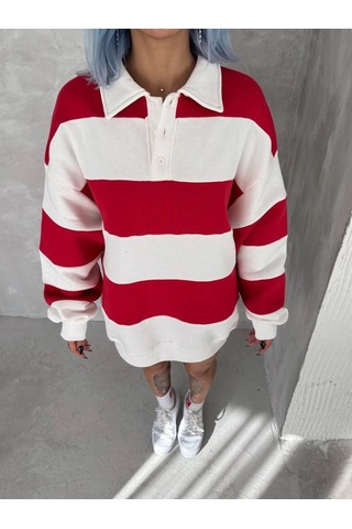 Mbb E-ticaret Kadın 3 İplik Pamuklu Parçalı Yakalı Sweatshirt - Kırmızı