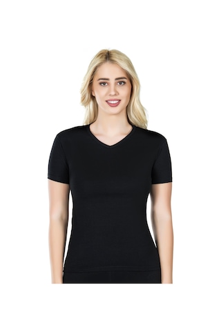 Yarım Kol V Yaka Kadın Tişört 227 Siyah