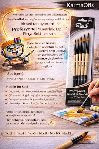 Profesyonel Yuvarlak Uç Fırça Seti 6 Lı Set 5 No 2-4-6-8-10-12 Sentetik Kıl Fırça